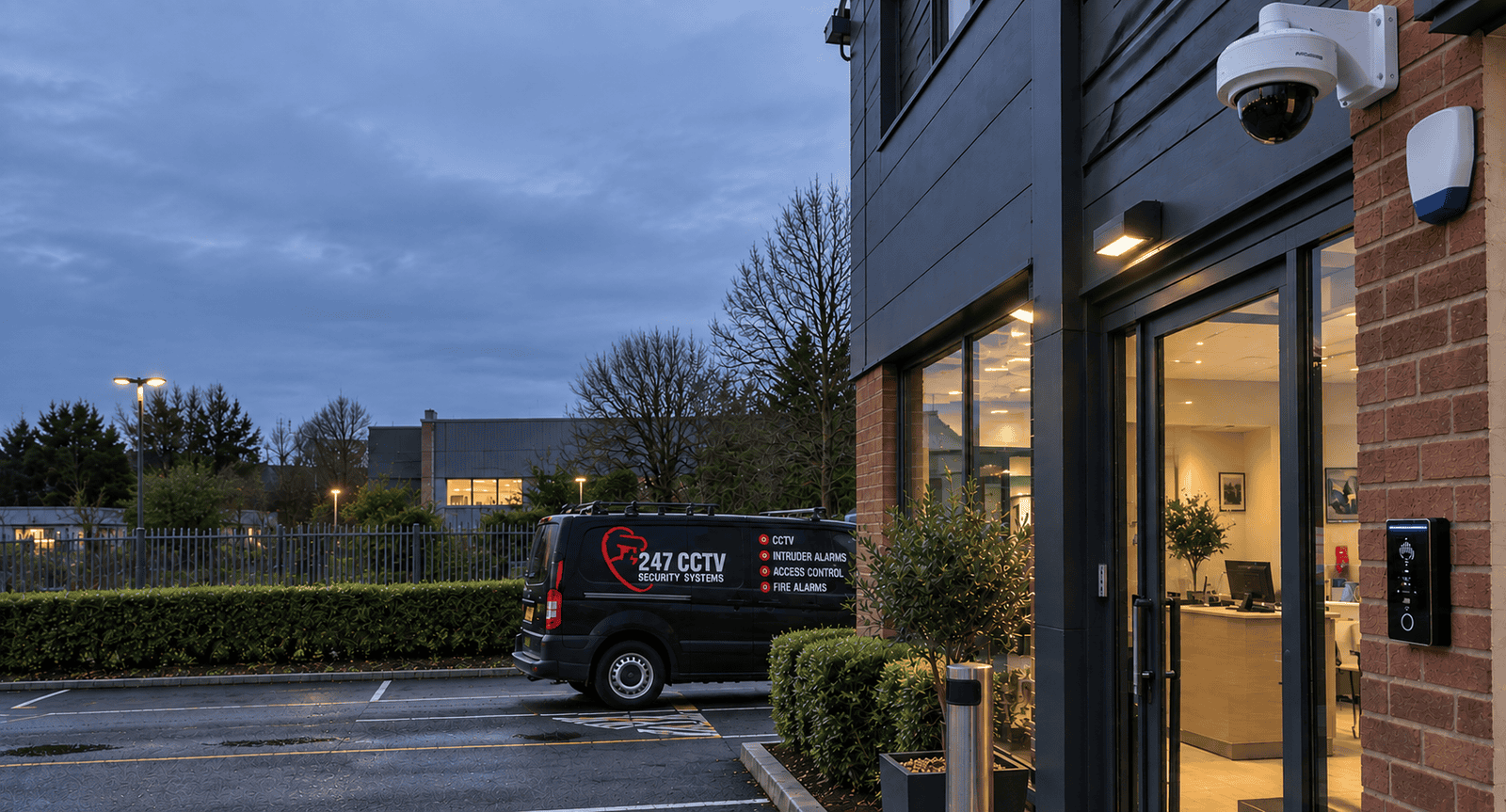247 CCTV branded van parked outside a commercial office entrance with CCTV camera, alarm and access control at dusk